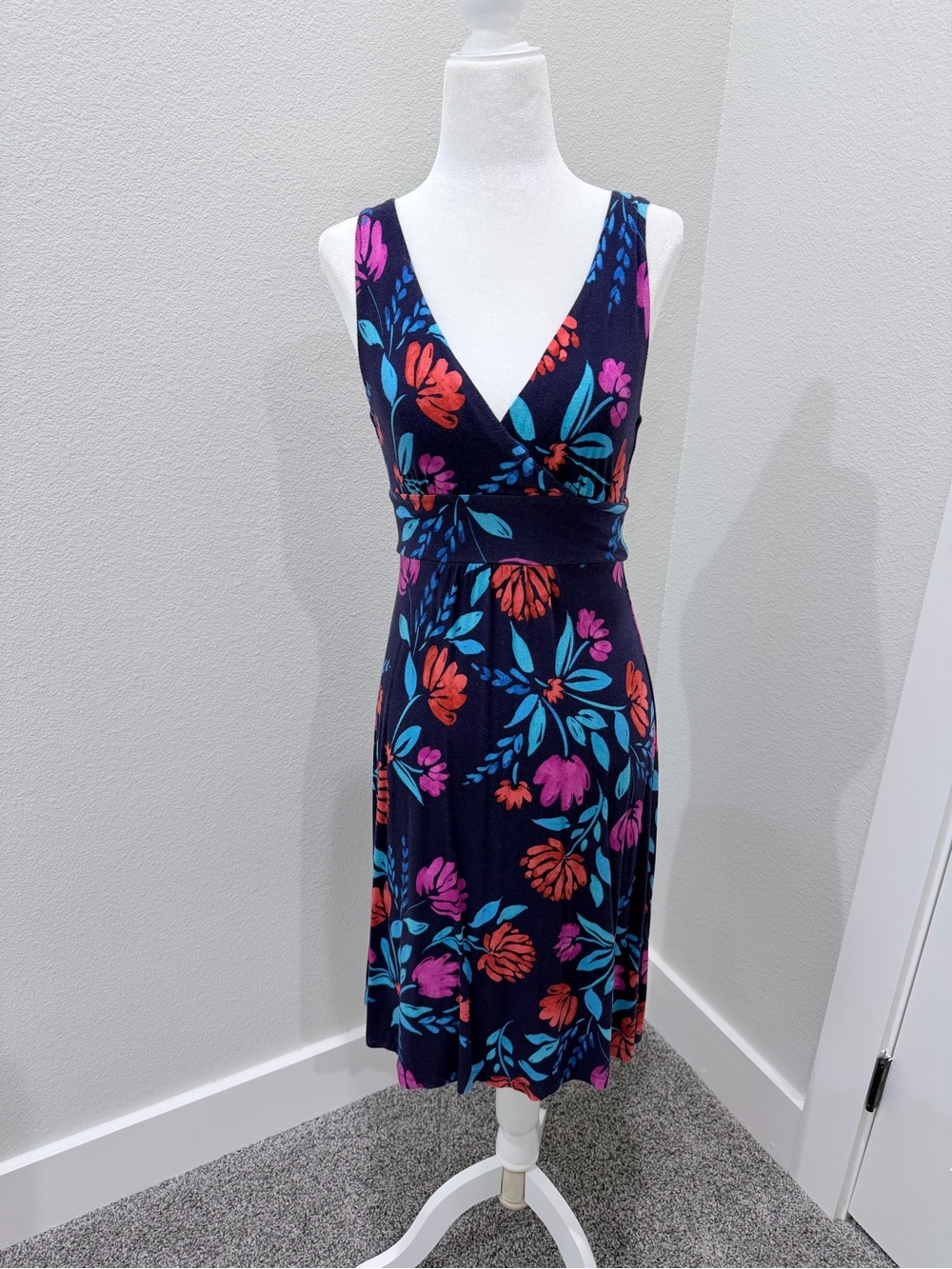 Cynthia Rowley Navy Midi Dress with Teal, Coral & Magenta Floral Print